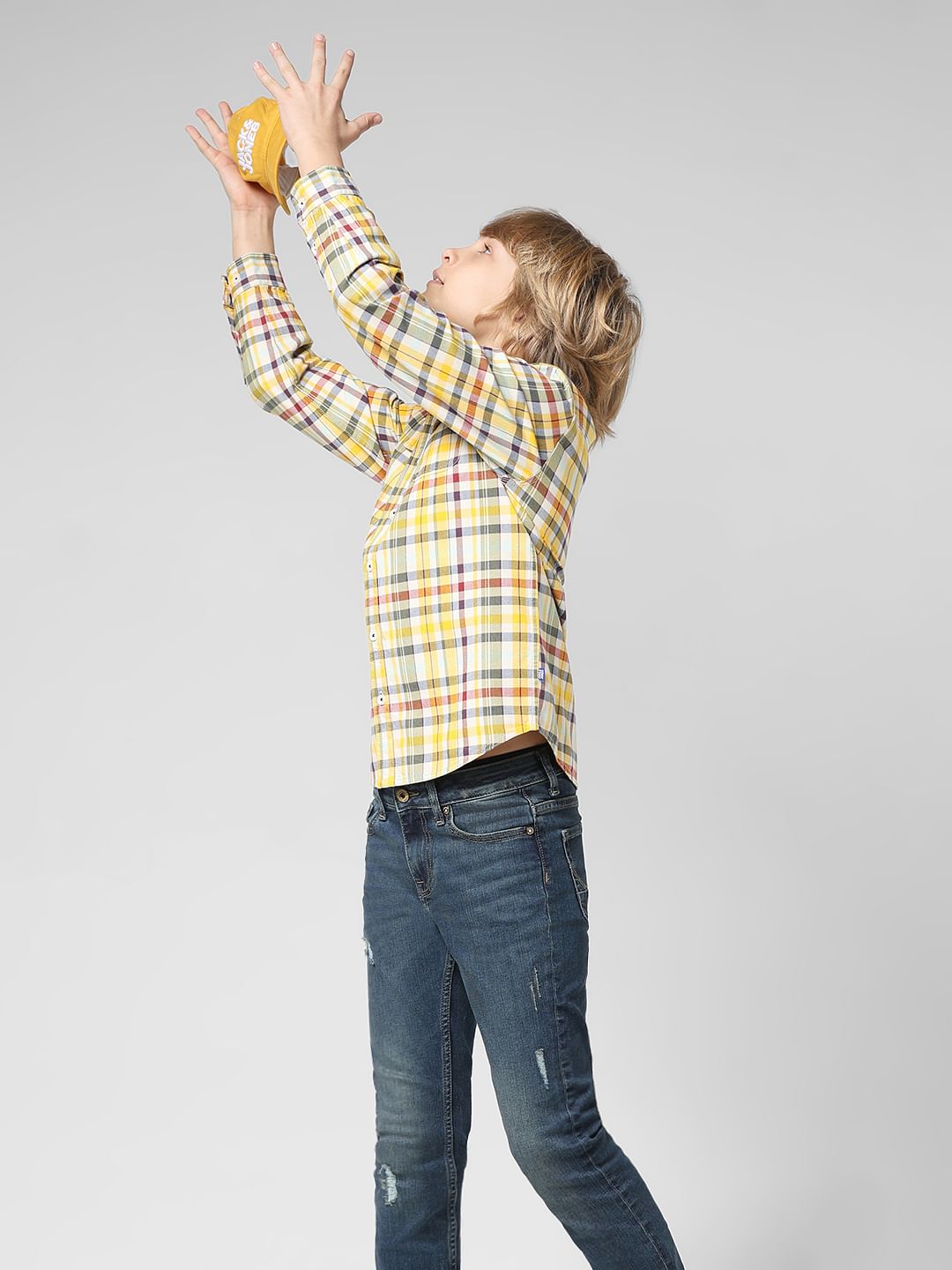 JUNIOR BOYS Yellow Check Full Sleeves Shirt - 4/5Y