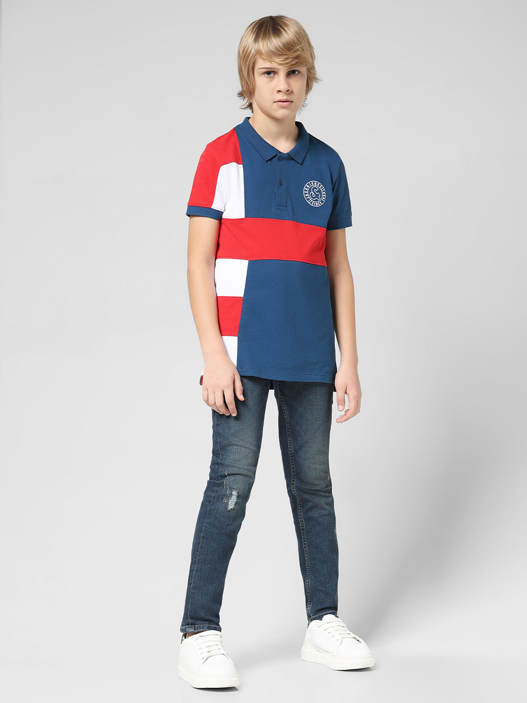 JUNIOR BOYS Blue Colourblocked Polo T-shirt