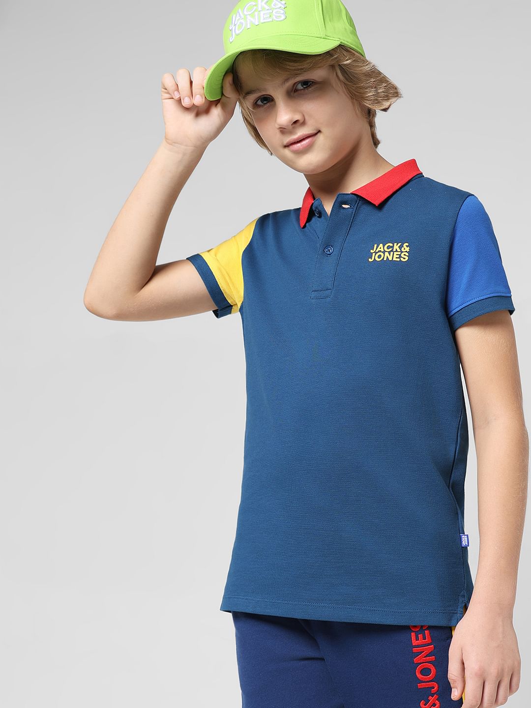 JUNIOR BOYS Blue Colourblocked Polo T-shirt