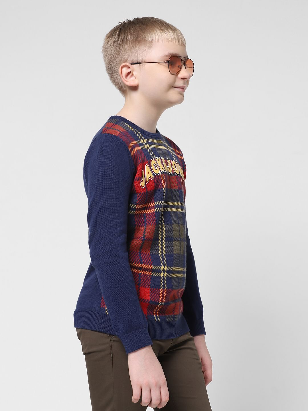 Navy Blue Grid Print Pullover - 4/5Y