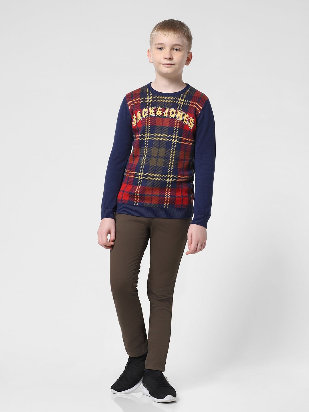 Navy Blue Grid Print Pullover