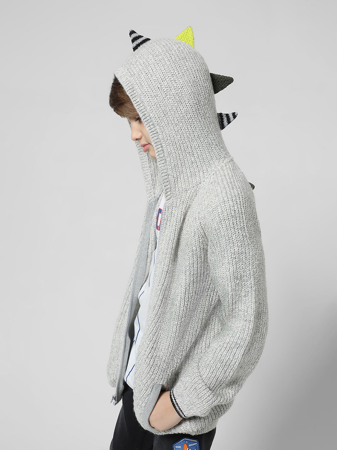 Grey Front-Open Hooded Cardigan - 4/5Y