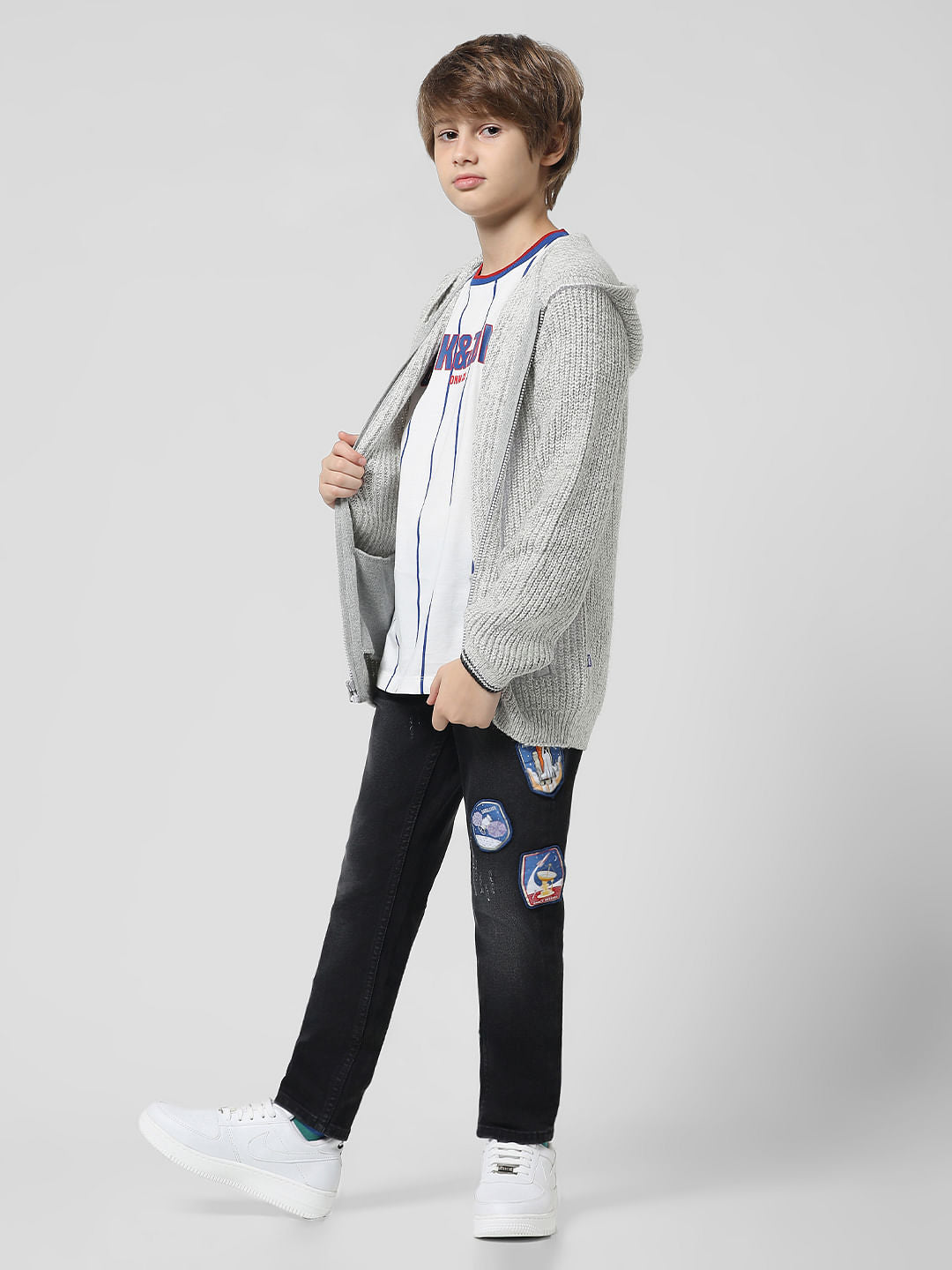 Grey Front-Open Hooded Cardigan