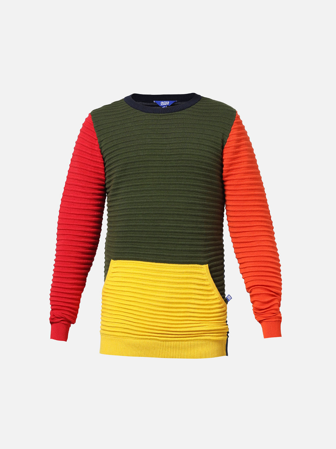 Green Colourblocked Ribbed Pullover
