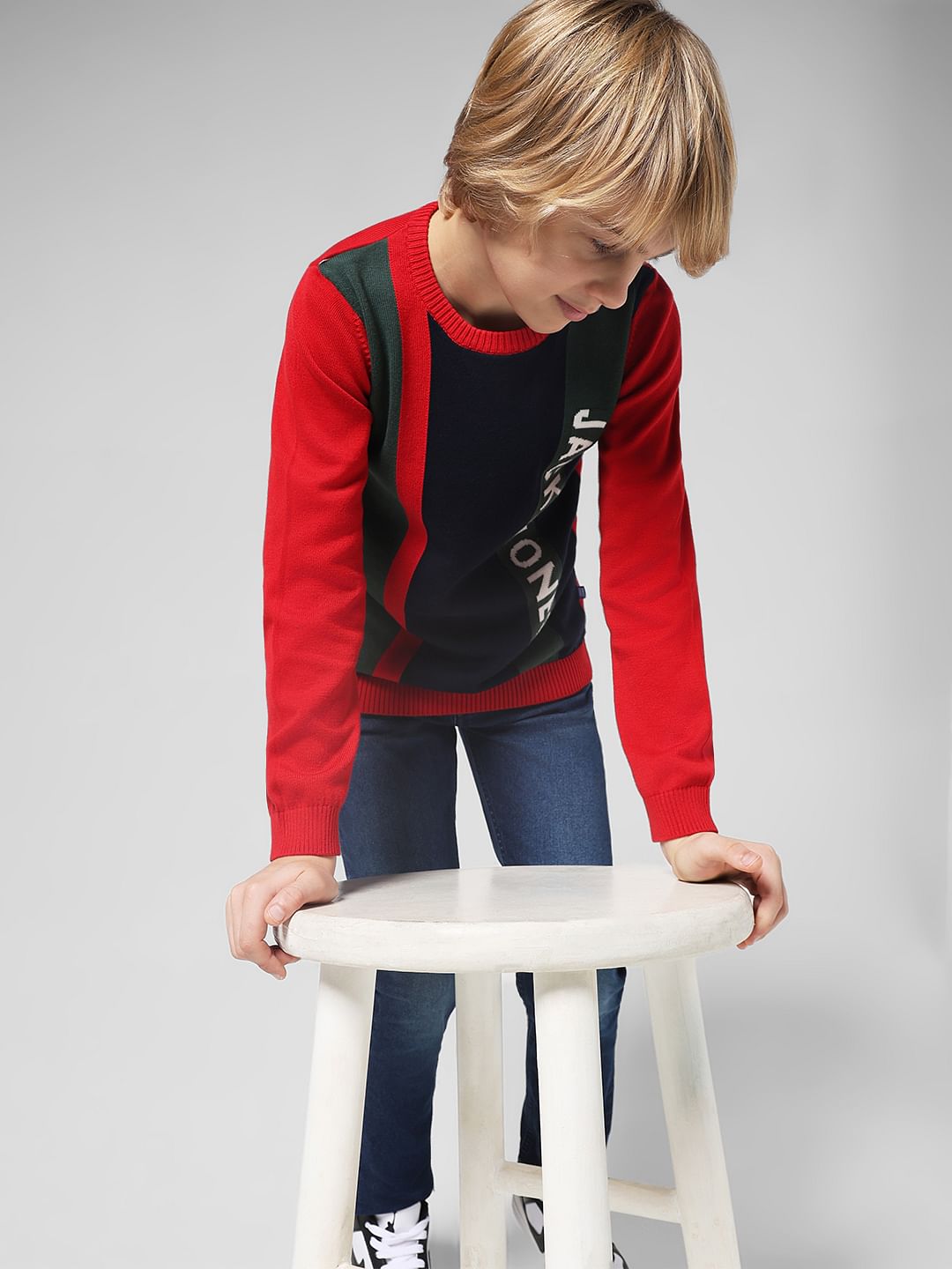 JUNIOR BOYS Red Striped Crew Neck Pullover - 4/5Y