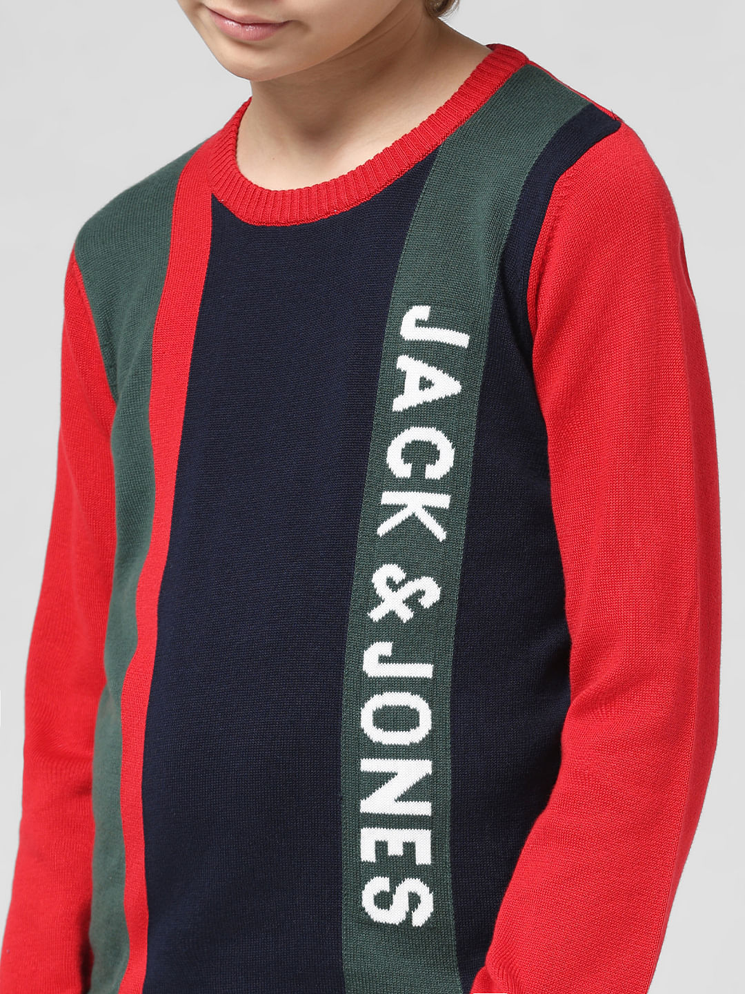 JUNIOR BOYS Red Striped Crew Neck Pullover