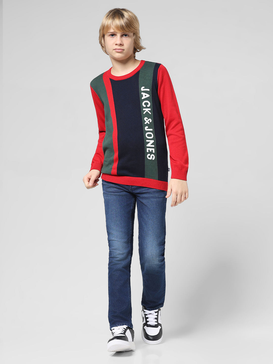 JUNIOR BOYS Red Striped Crew Neck Pullover