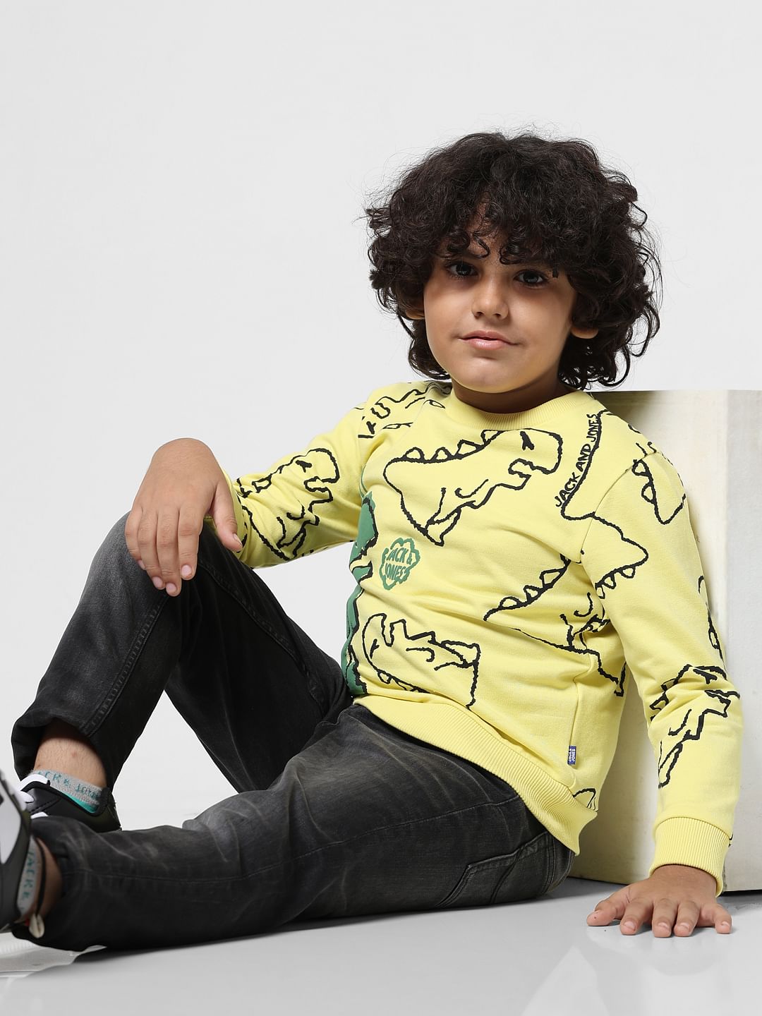 JUNIOR BOYS Yellow Dinosaur Print Sweatshirt - 4/5Y