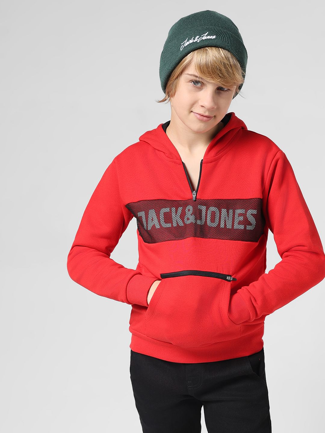 JUNIOR BOYS Red Logo Print Hooded Sweatshirt - 4/5Y