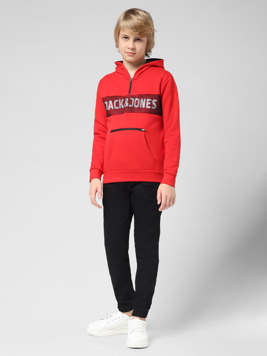 JUNIOR BOYS Red Logo Print Hooded Sweatshirt