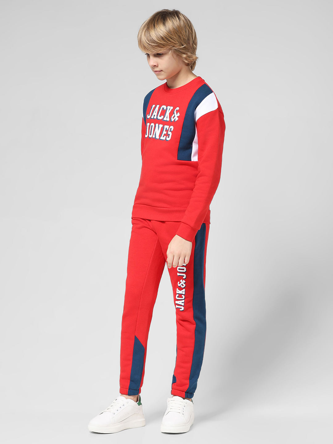 JUNIOR BOYS Red Typographic Print Co-ord Sweatshirt