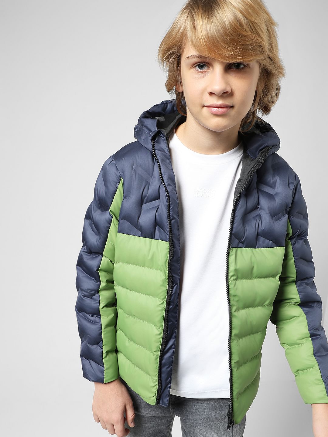 JUNIOR BOYS Blue Colourblocked Puffer Jacket - 4/5Y
