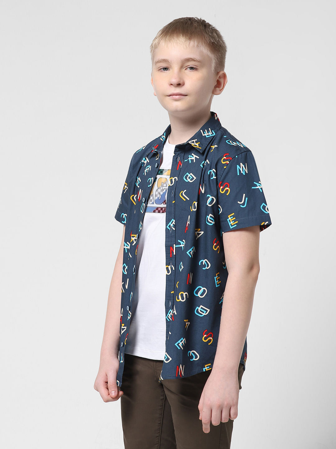 JUNIOR BOYS Blue Printed Short Sleeves Shirt - 4/5Y