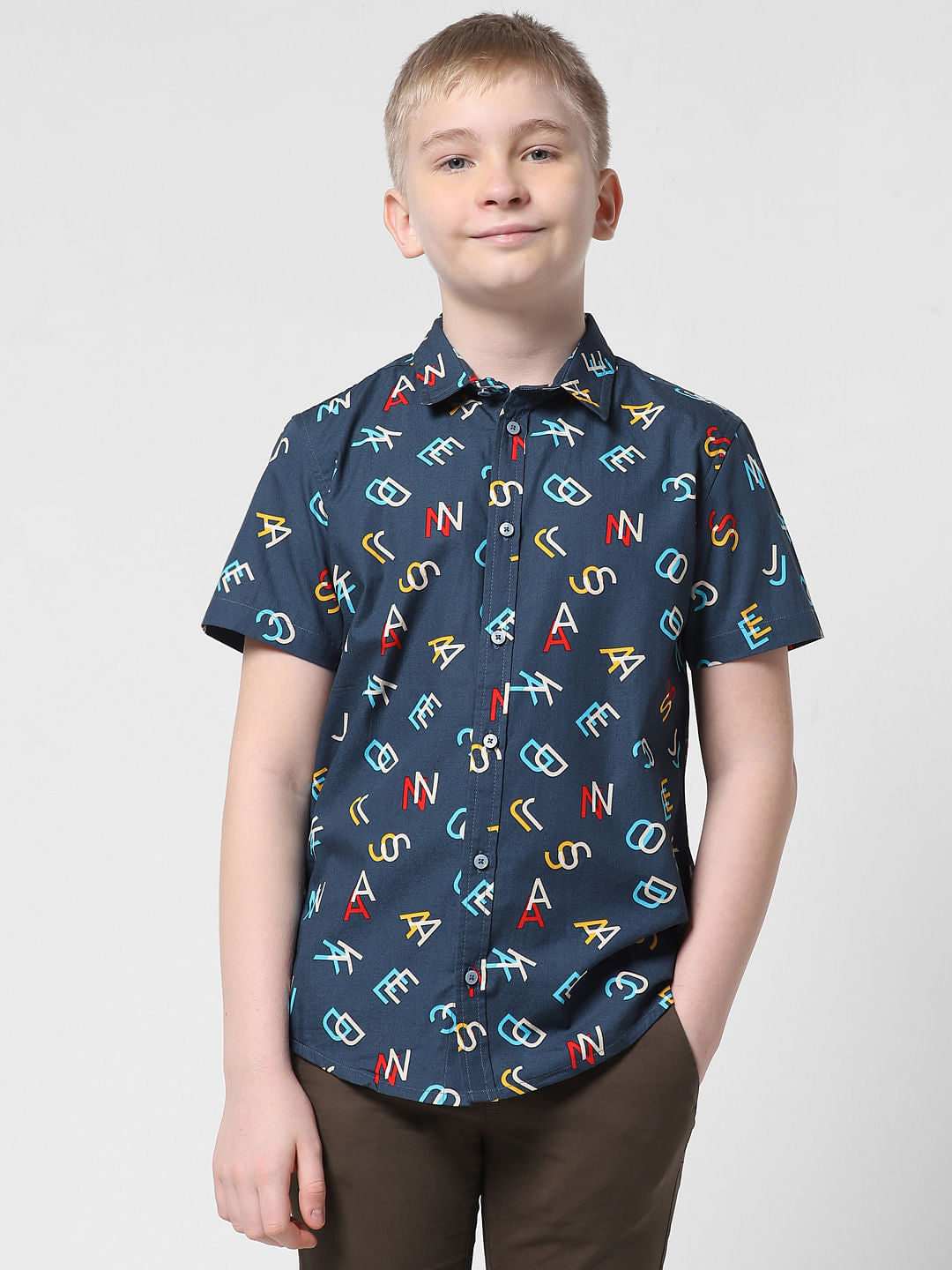 JUNIOR BOYS Blue Printed Short Sleeves Shirt