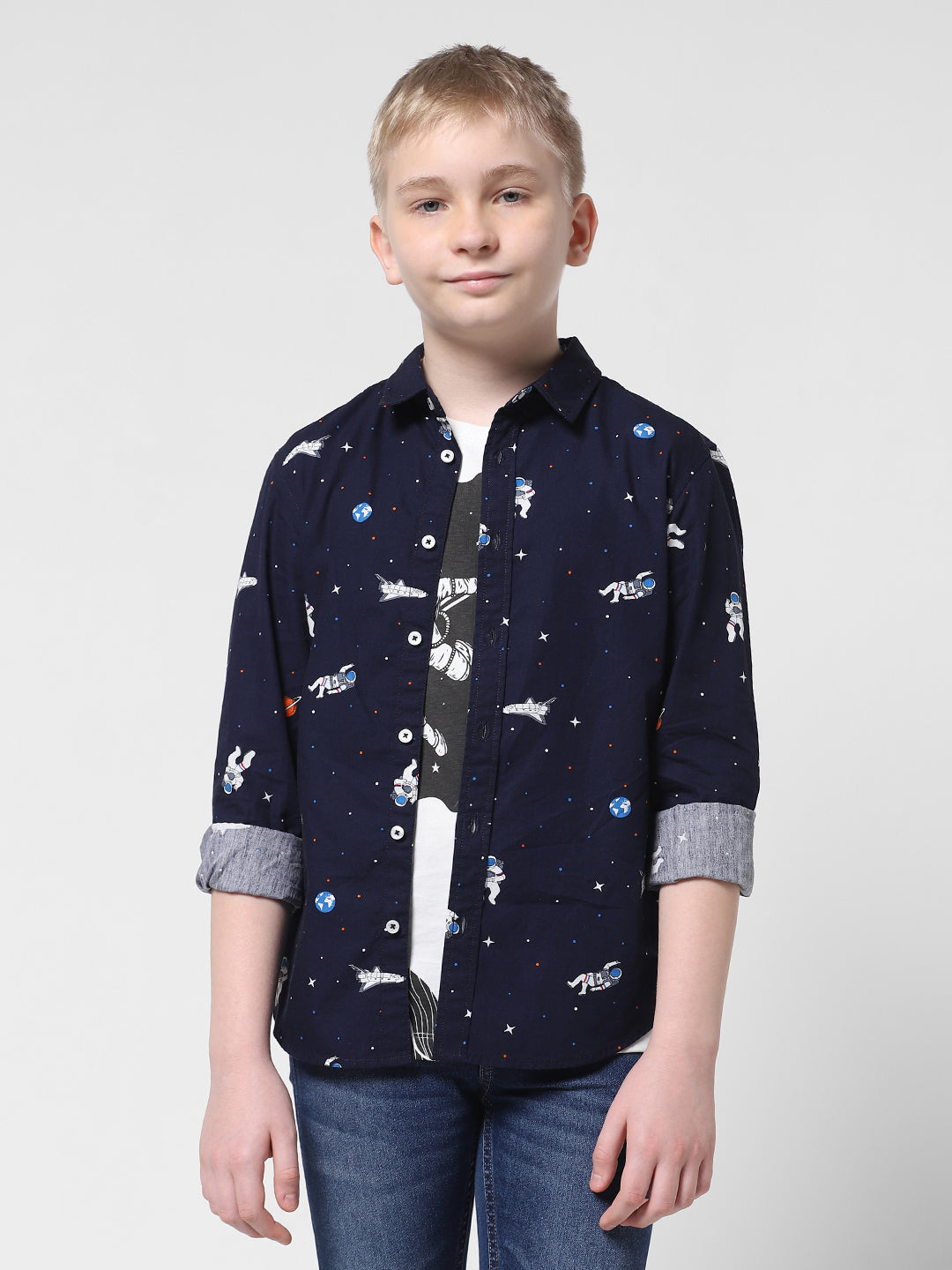 JUNIORS Blue Regular Fit All-Over Print Shirts