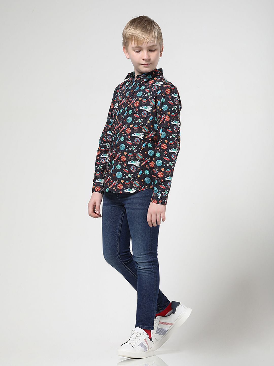 Boys Black Space Print Full Sleeves Shirt - 4/5Y