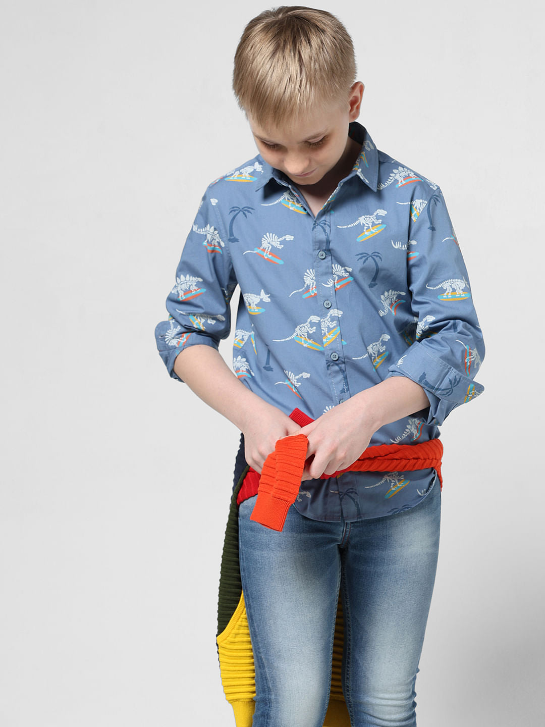 JUNIOR BOYS Blue Printed Full Sleeves Shirt