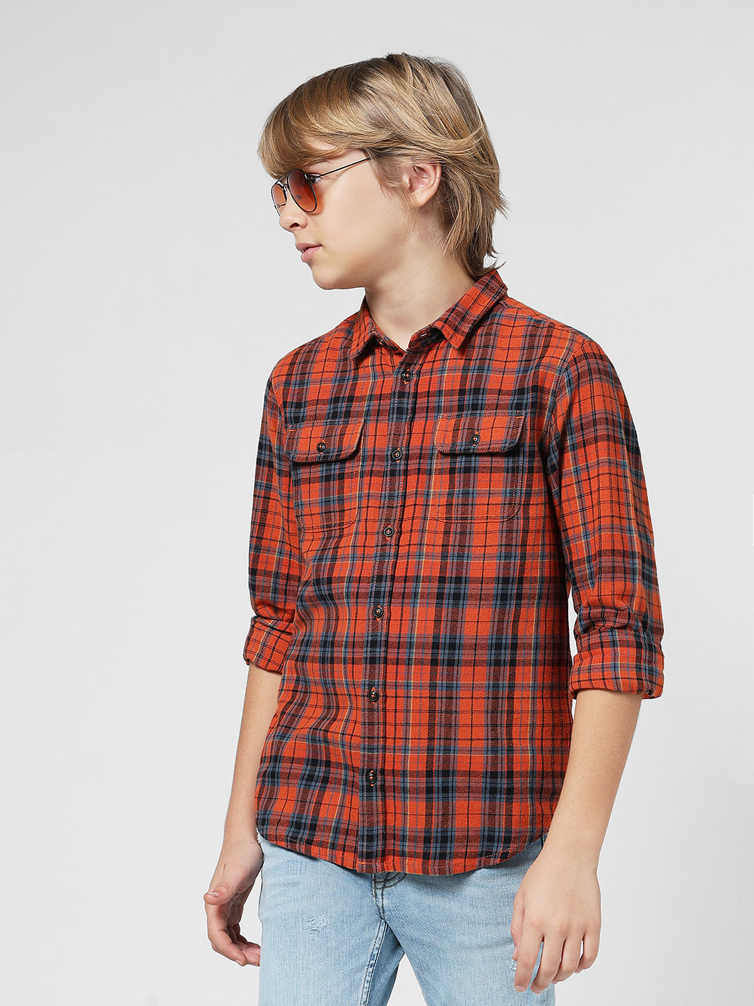 JUNIOR BOYS Orange Check Full Sleeves Shirt - 4/5Y