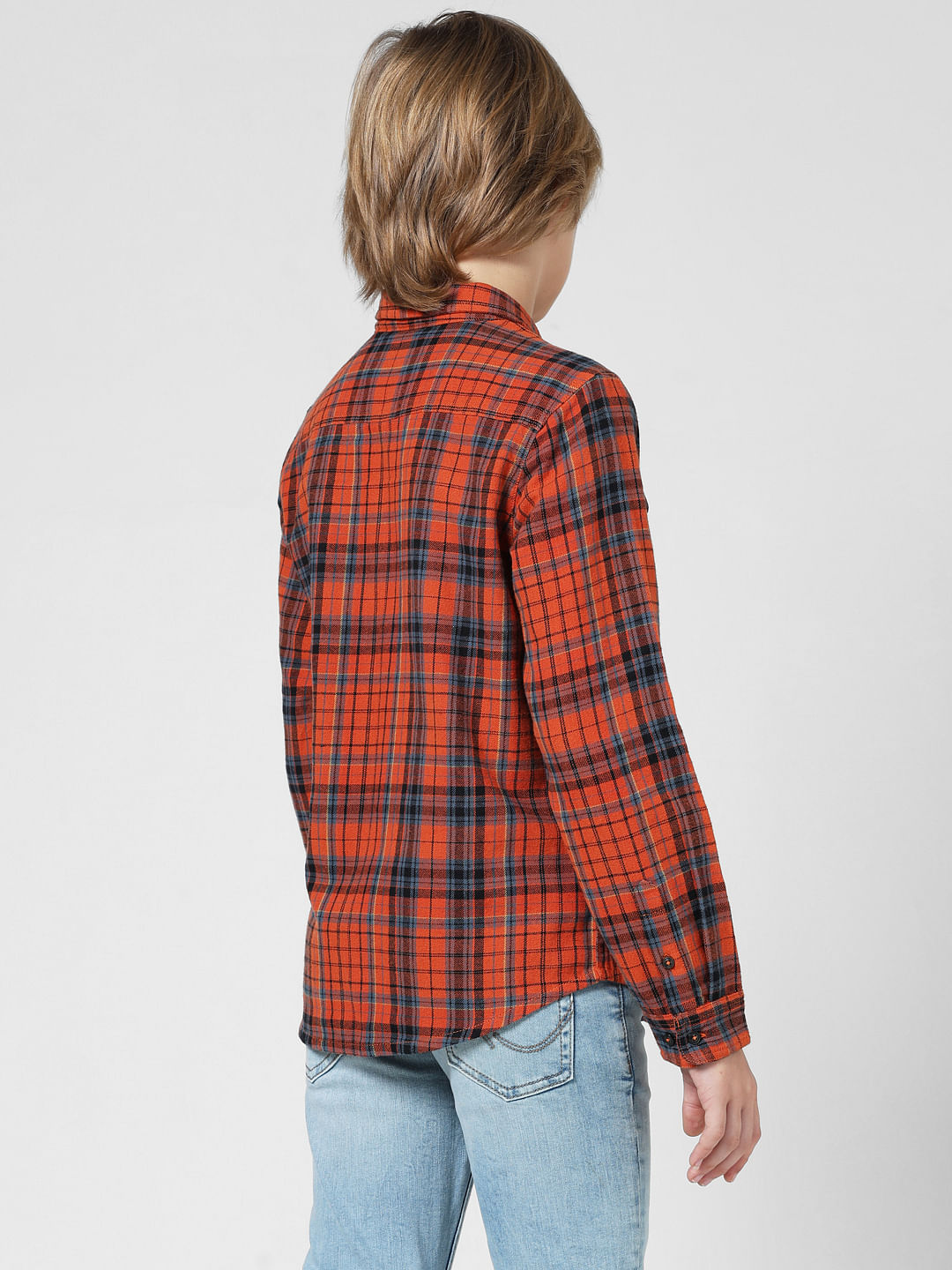 JUNIOR BOYS Orange Check Full Sleeves Shirt