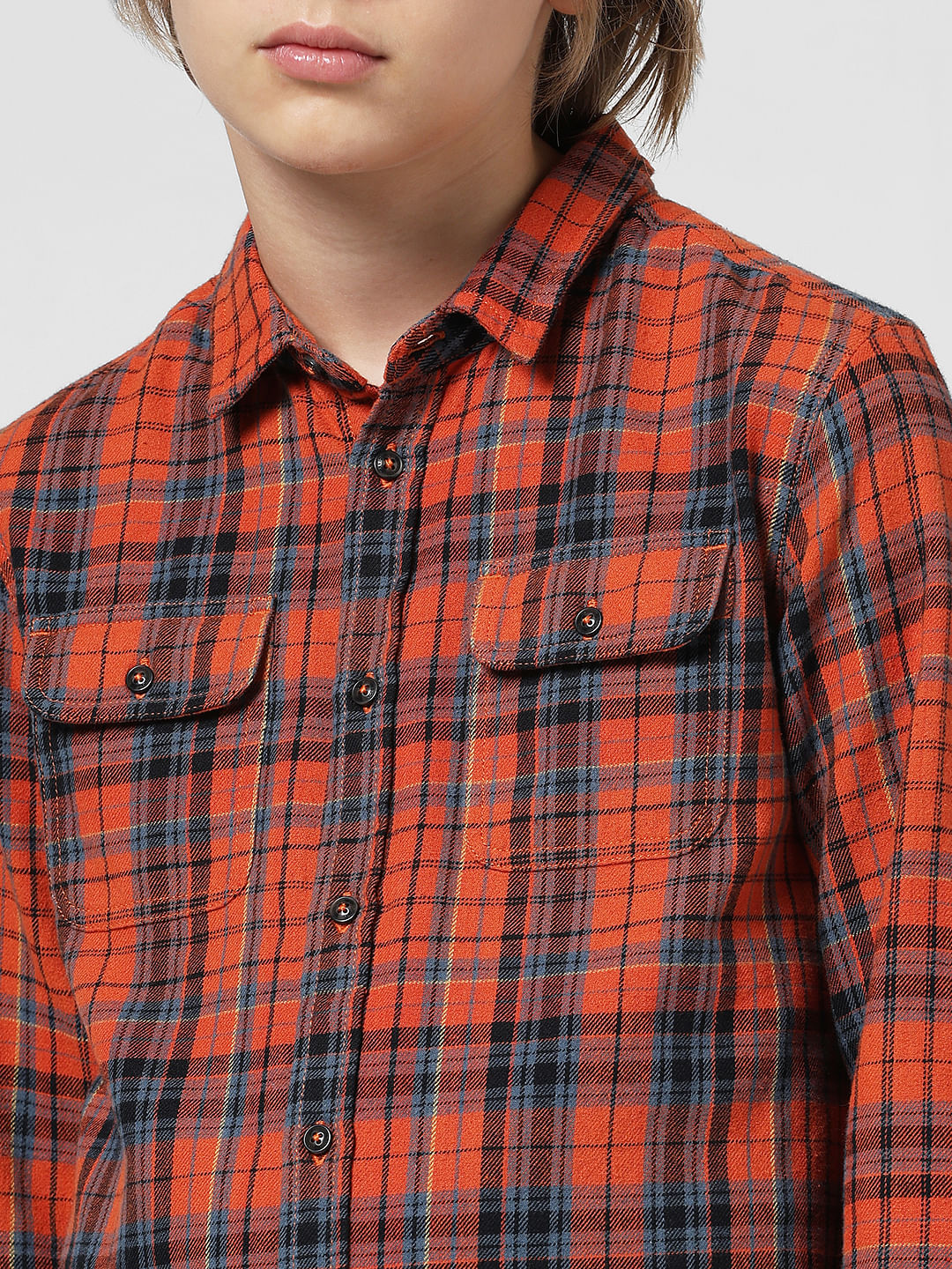 JUNIOR BOYS Orange Check Full Sleeves Shirt