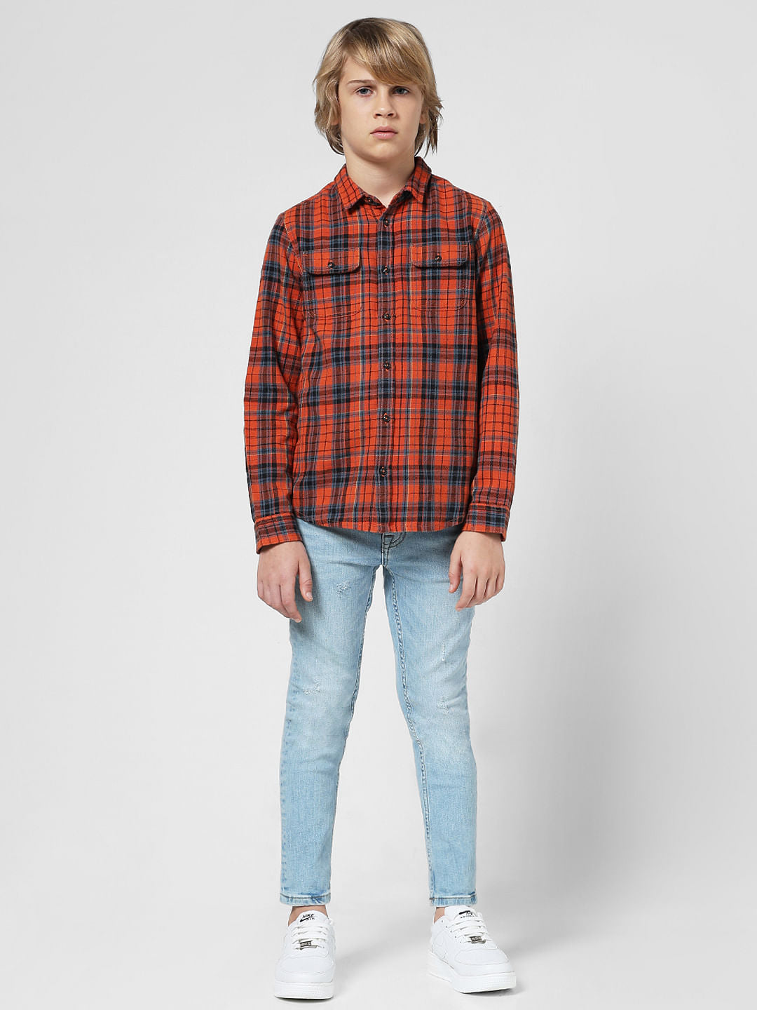 JUNIOR BOYS Orange Check Full Sleeves Shirt