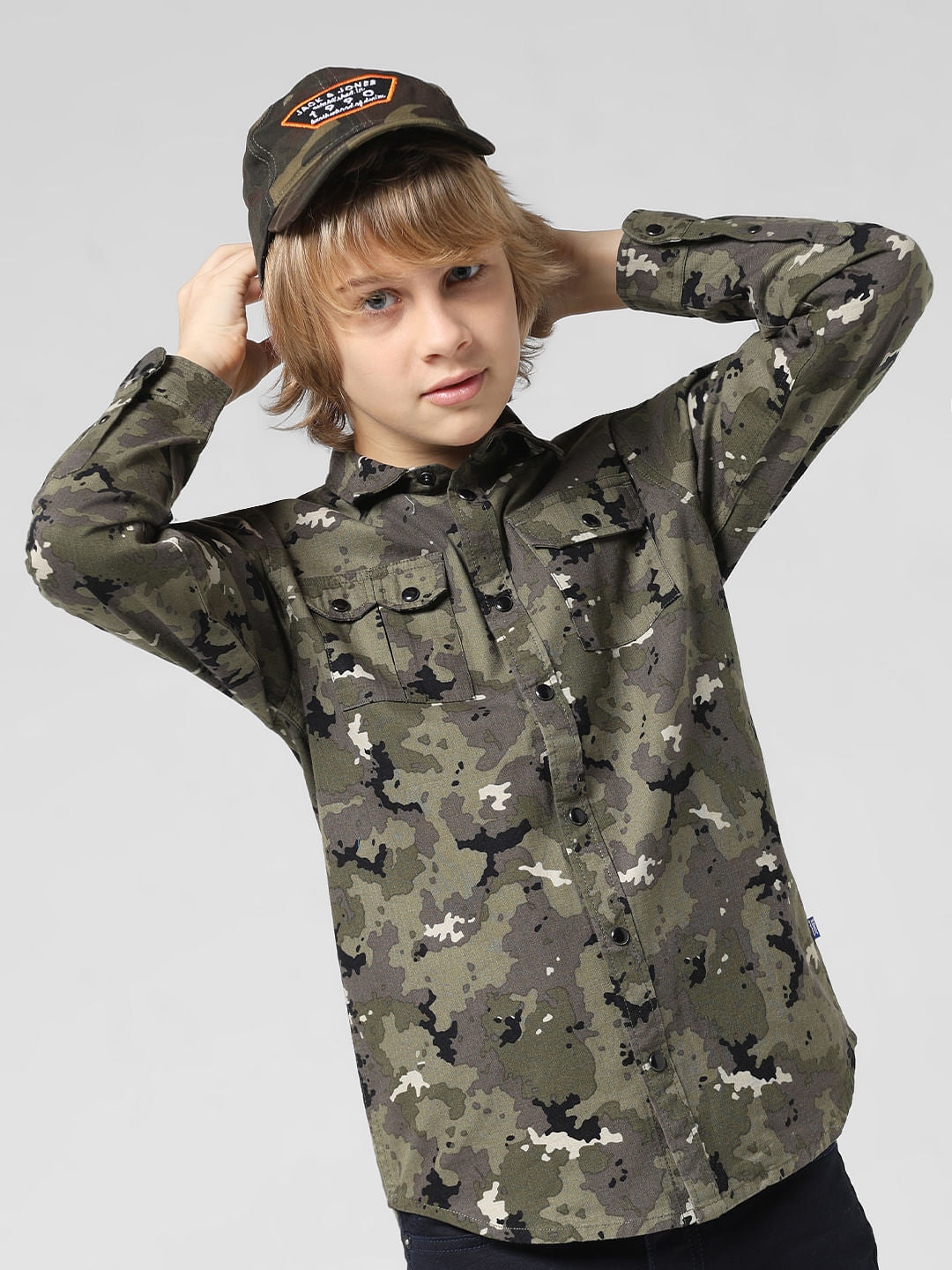 JUNIOR BOYS Green Camo Print Full Sleeves Shirt - 4/5Y