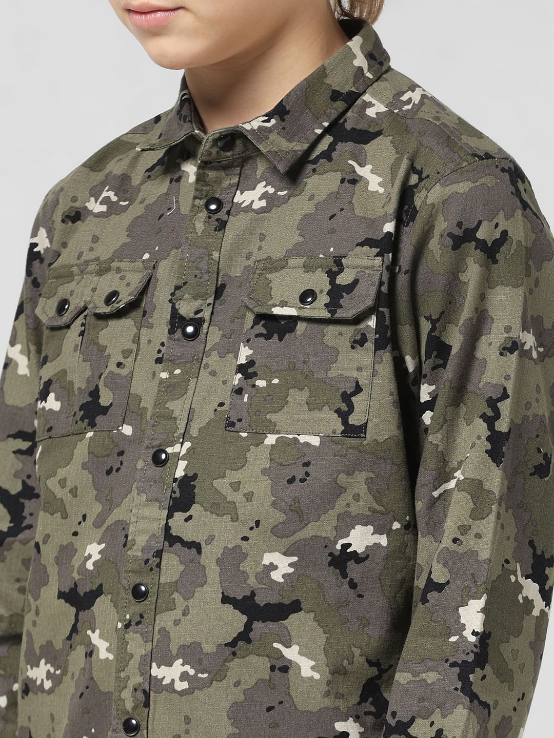 JUNIOR BOYS Green Camo Print Full Sleeves Shirt