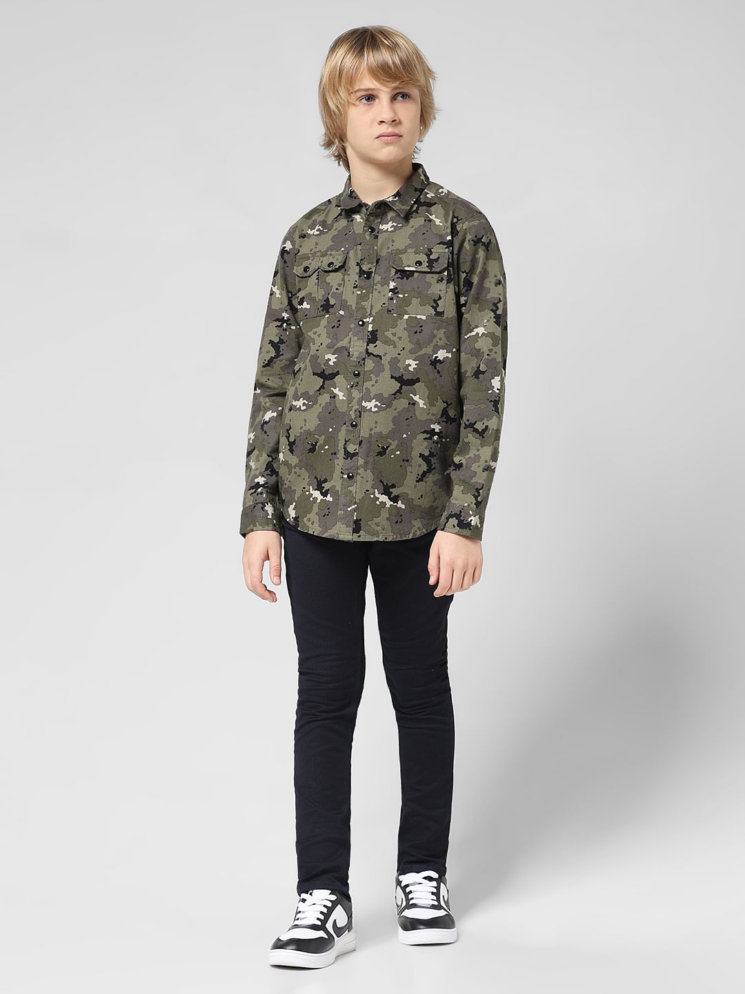JUNIOR BOYS Green Camo Print Full Sleeves Shirt