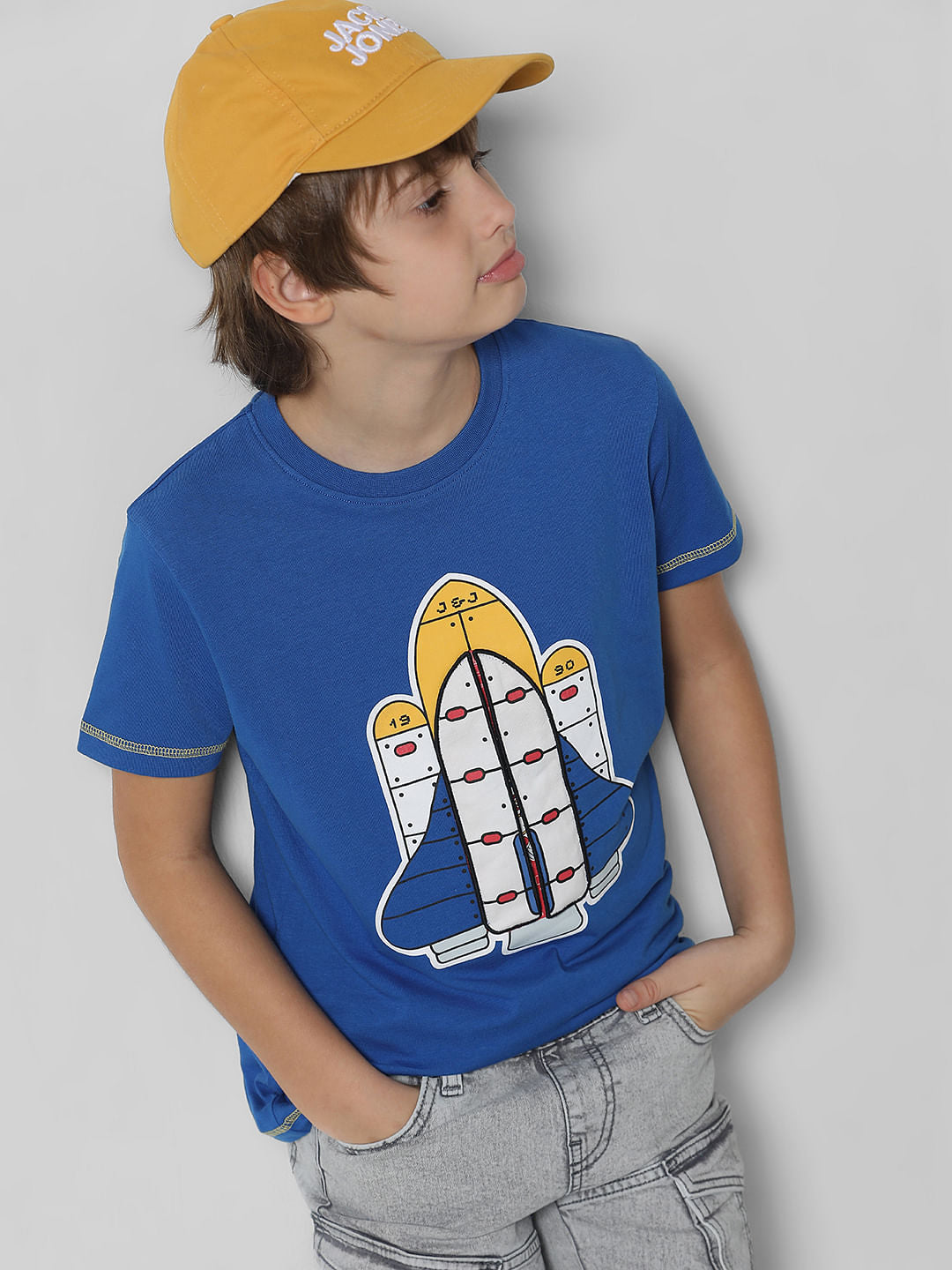 Blue 3D Rocket Print Crew Neck T-shirt