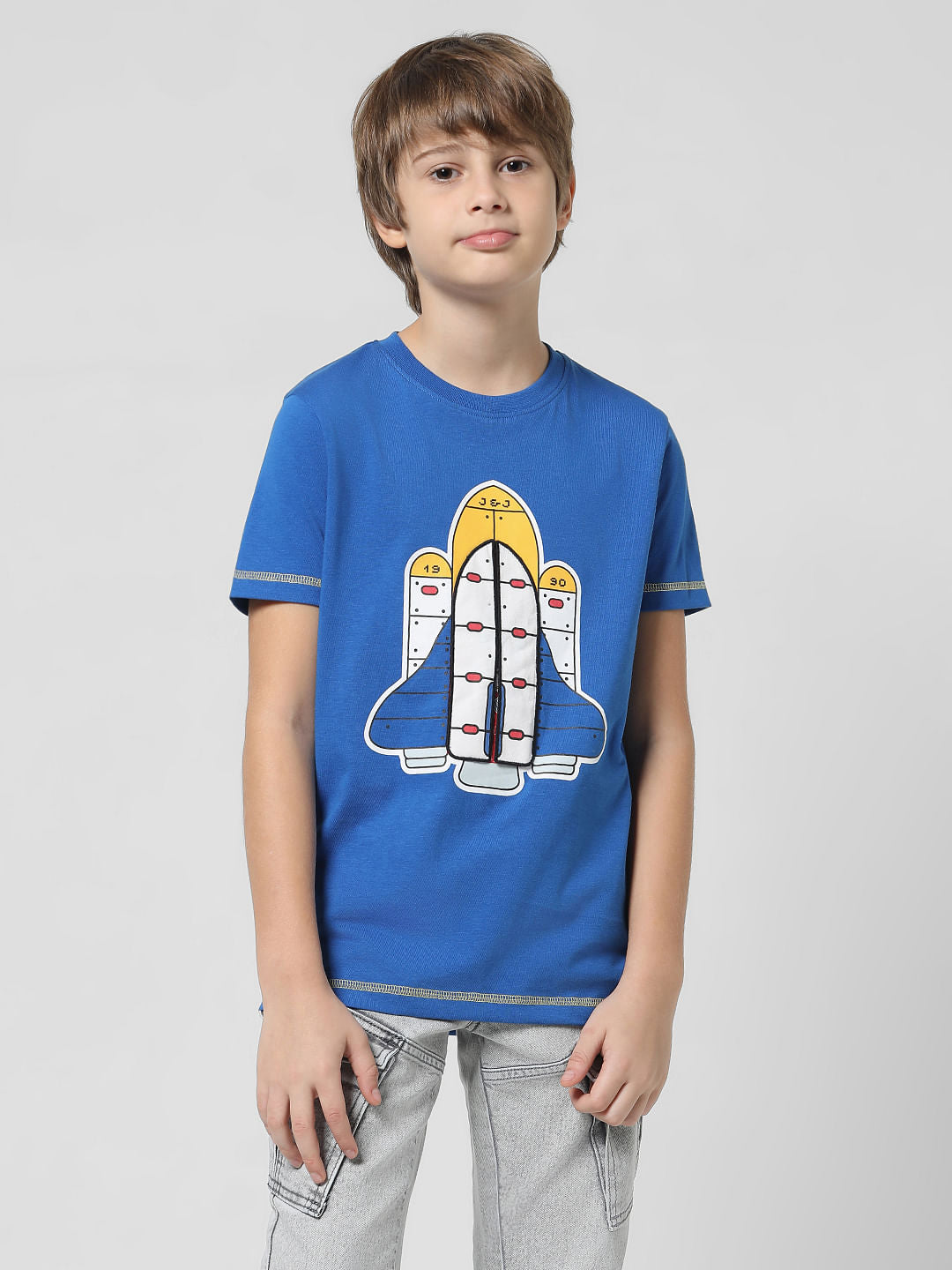 Blue 3D Rocket Print Crew Neck T-shirt