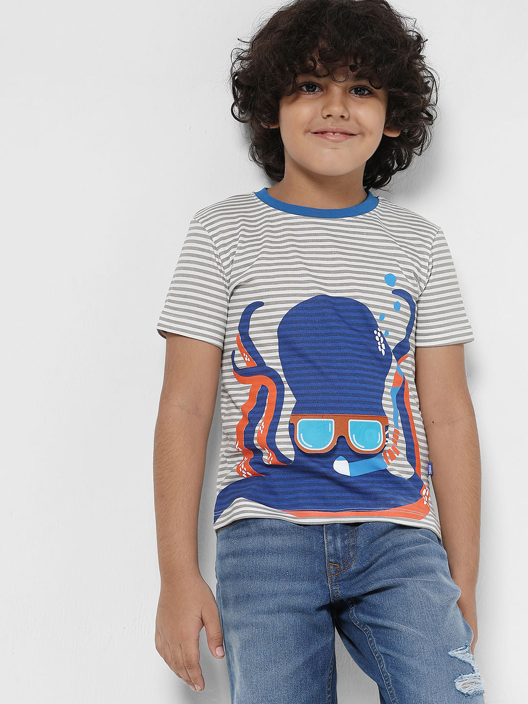 JUNIOR BOYS White Octopus Crew Neck T-shirt - 4/5Y