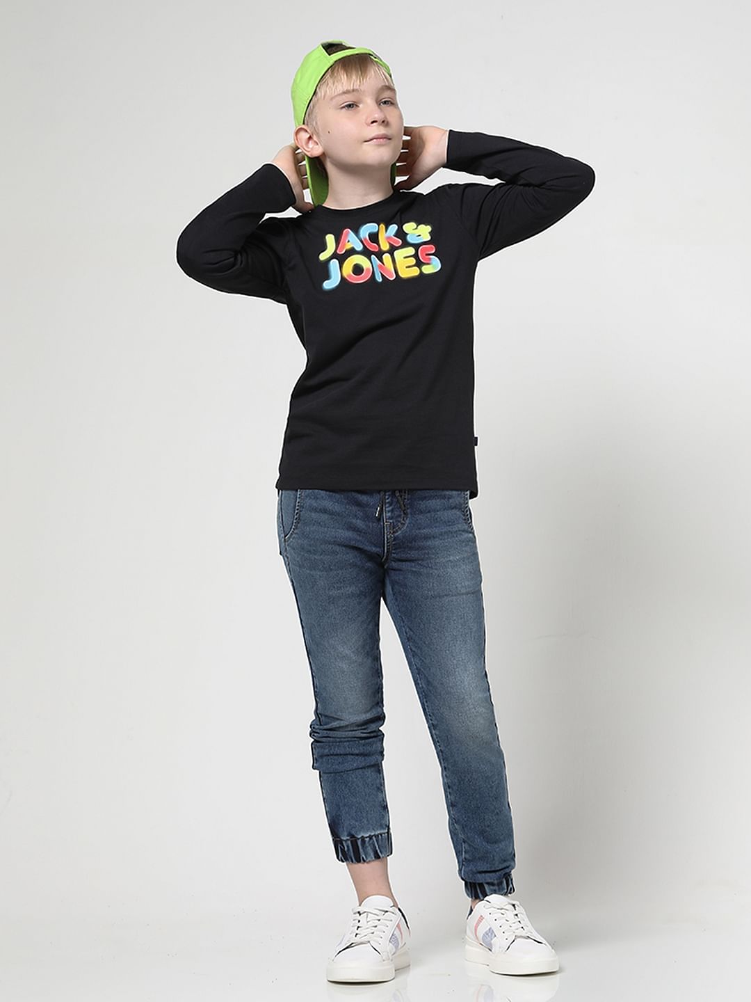 Boys Black Logo Print Full Sleeves T-shirt - 9/10Y