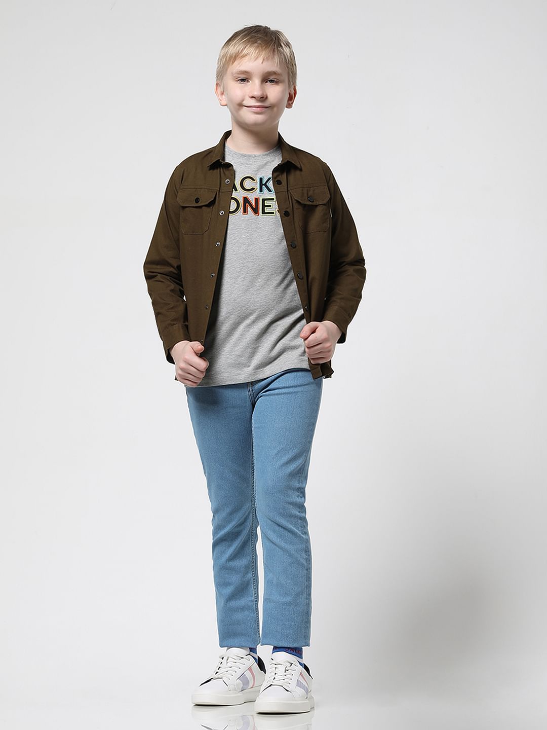 Boys Grey Logo Print Full Sleeves T-shirt - 4/5Y