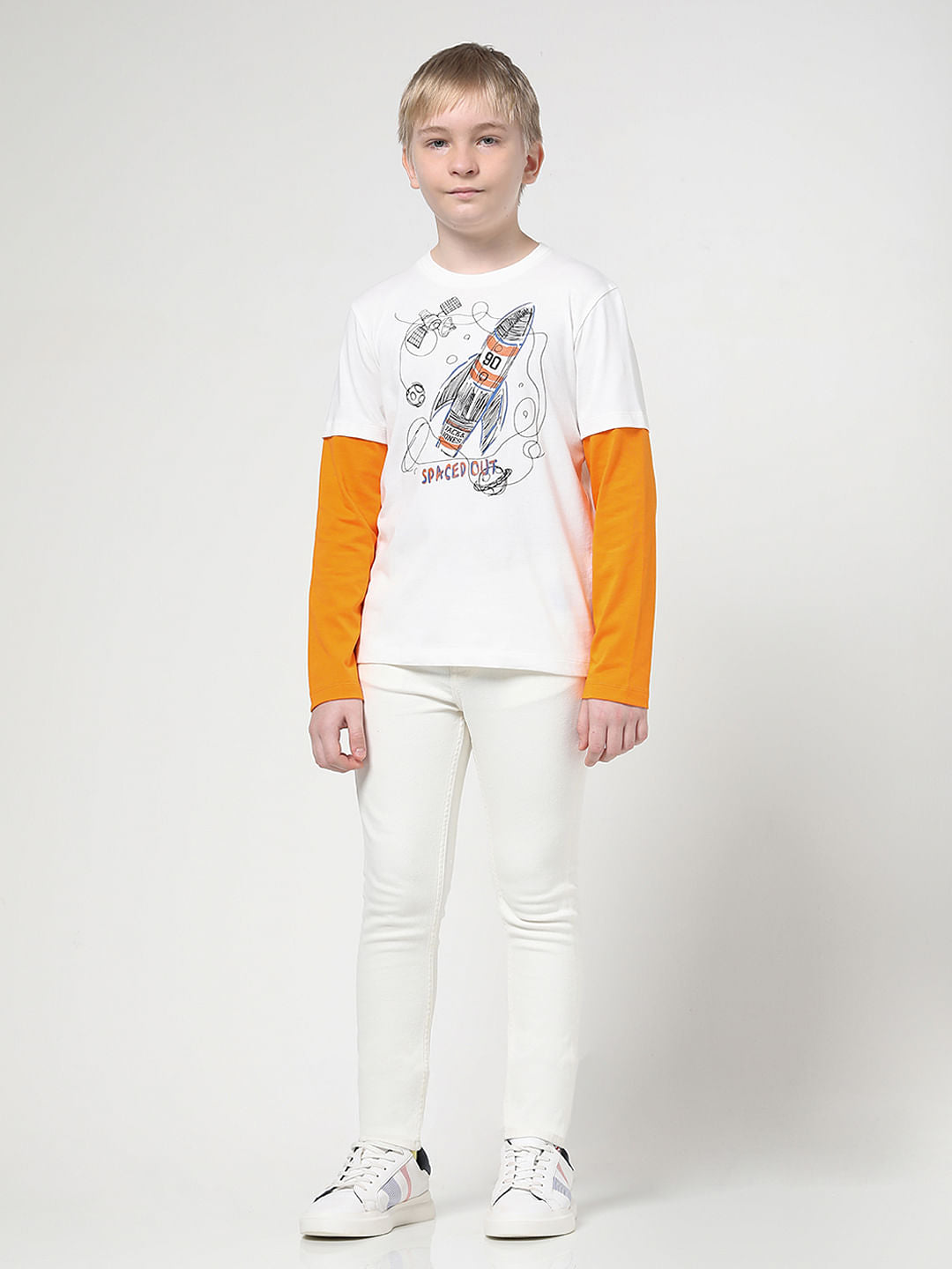 Boys White Spaced-Out Crew Neck T-shirt