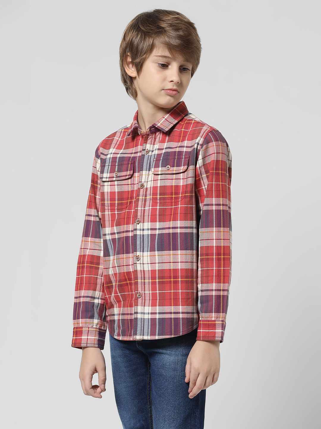 JUNIOR BOYS Red & White Check Full Sleeves Shirt
