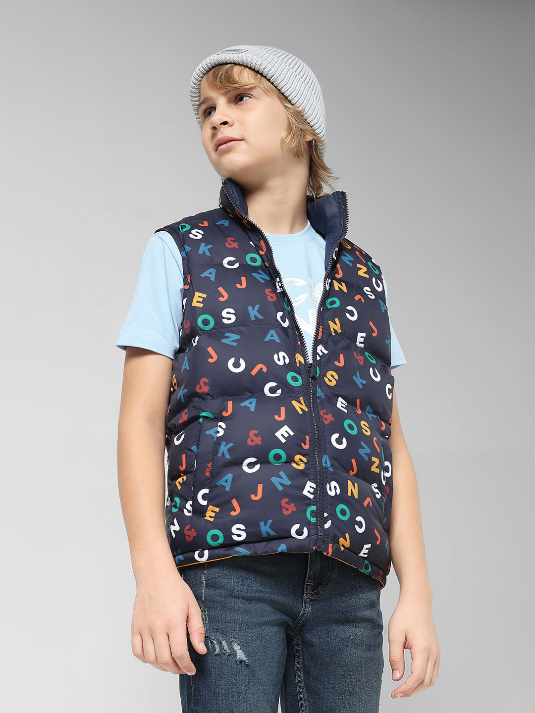 JUNIOR BOYS Blue Printed Reversible Jacket - 4/5Y