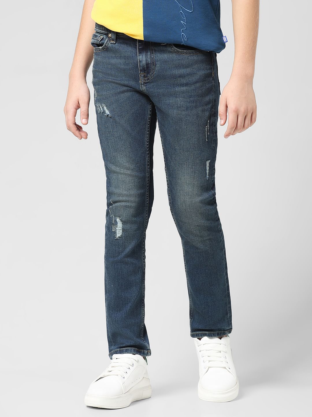 JUNIOR BOYS Dark Blue Distressed Clark Regular Fit Jeans