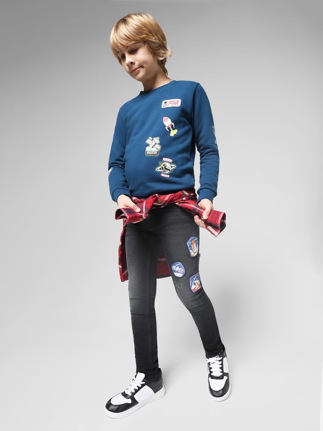 JUNIOR BOYS Black Applique Patch Glenn Slim Fit Jeans