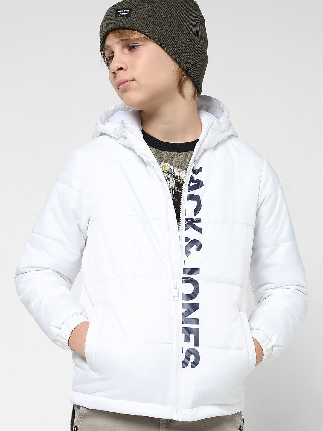 JUNIOR BOYS White Hooded Puffer Jacket - 4/5Y