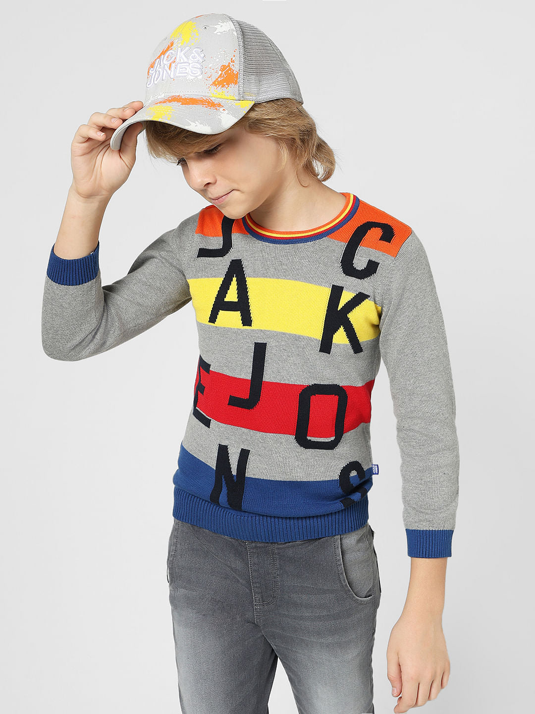 JUNIOR BOYS Grey Striped Logo Print Pullover