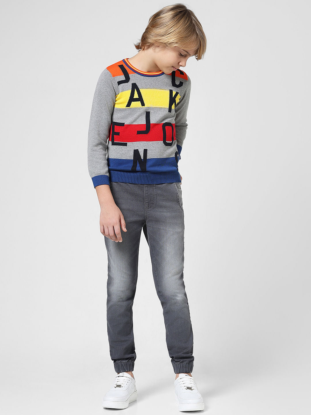 JUNIOR BOYS Grey Striped Logo Print Pullover