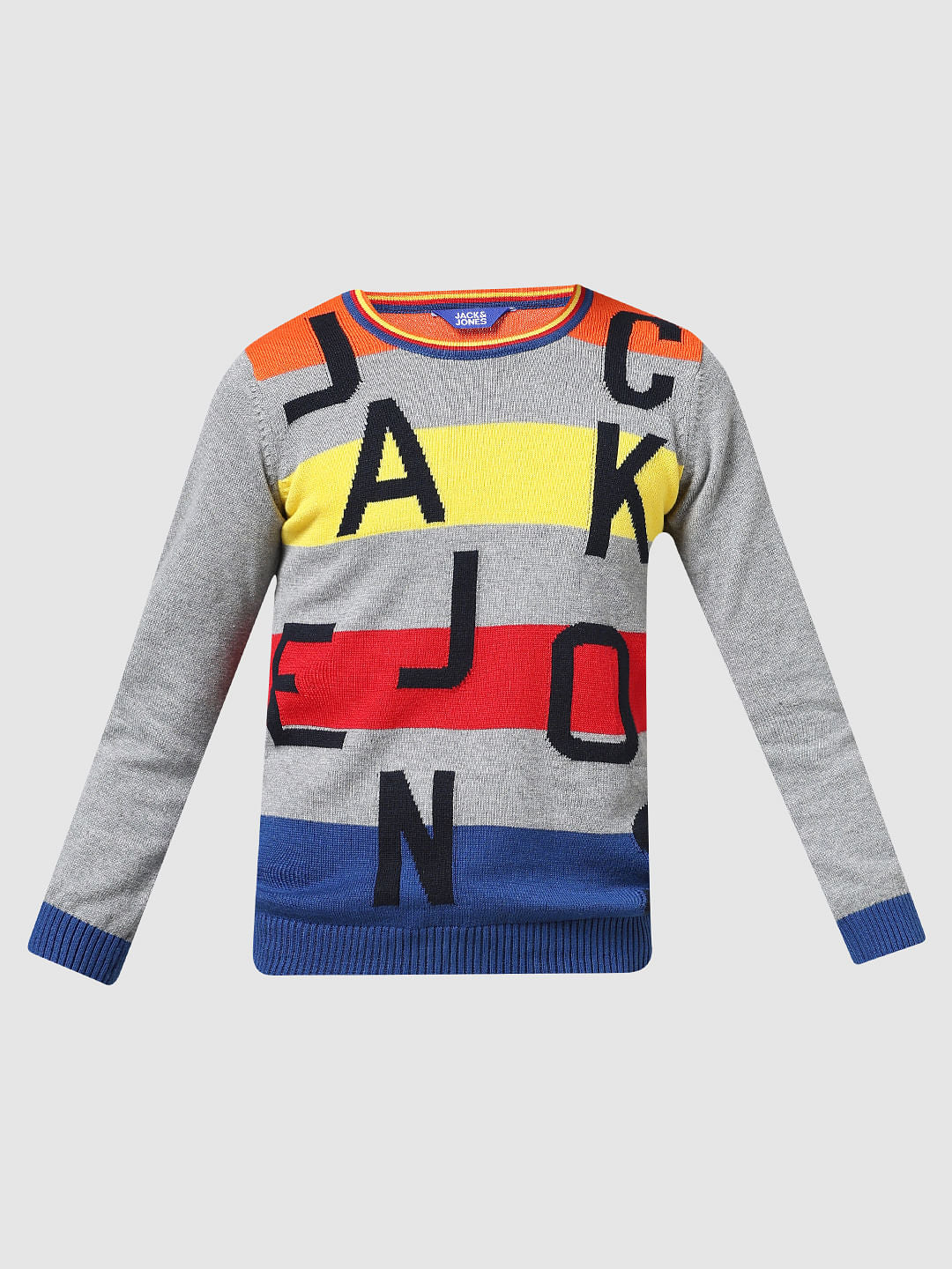 JUNIOR BOYS Grey Striped Logo Print Pullover