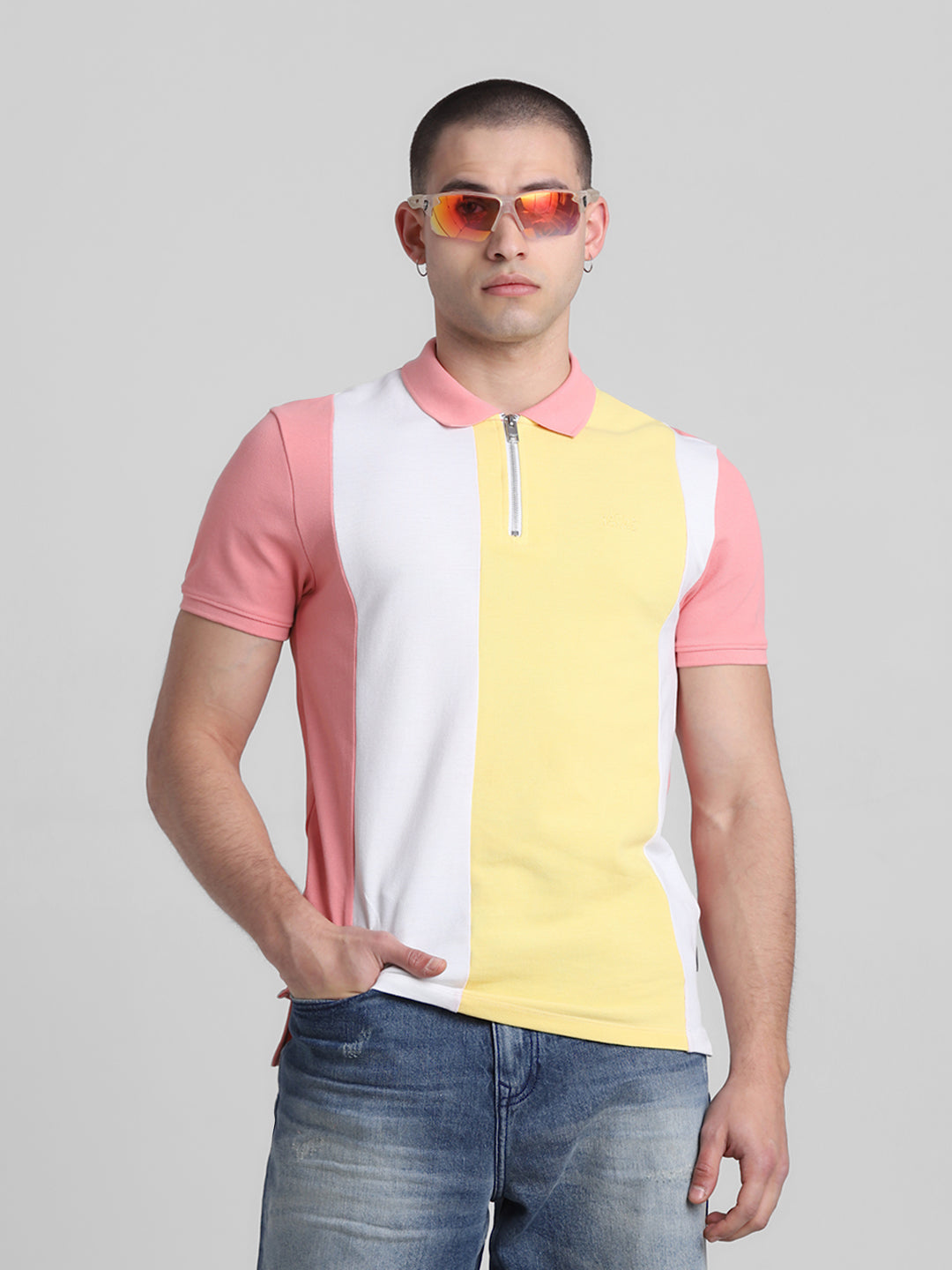 Pink Colourblocked Zip Detail Polo - S