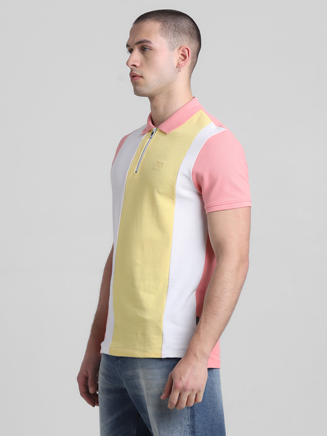 Pink Colourblocked Zip Detail Polo