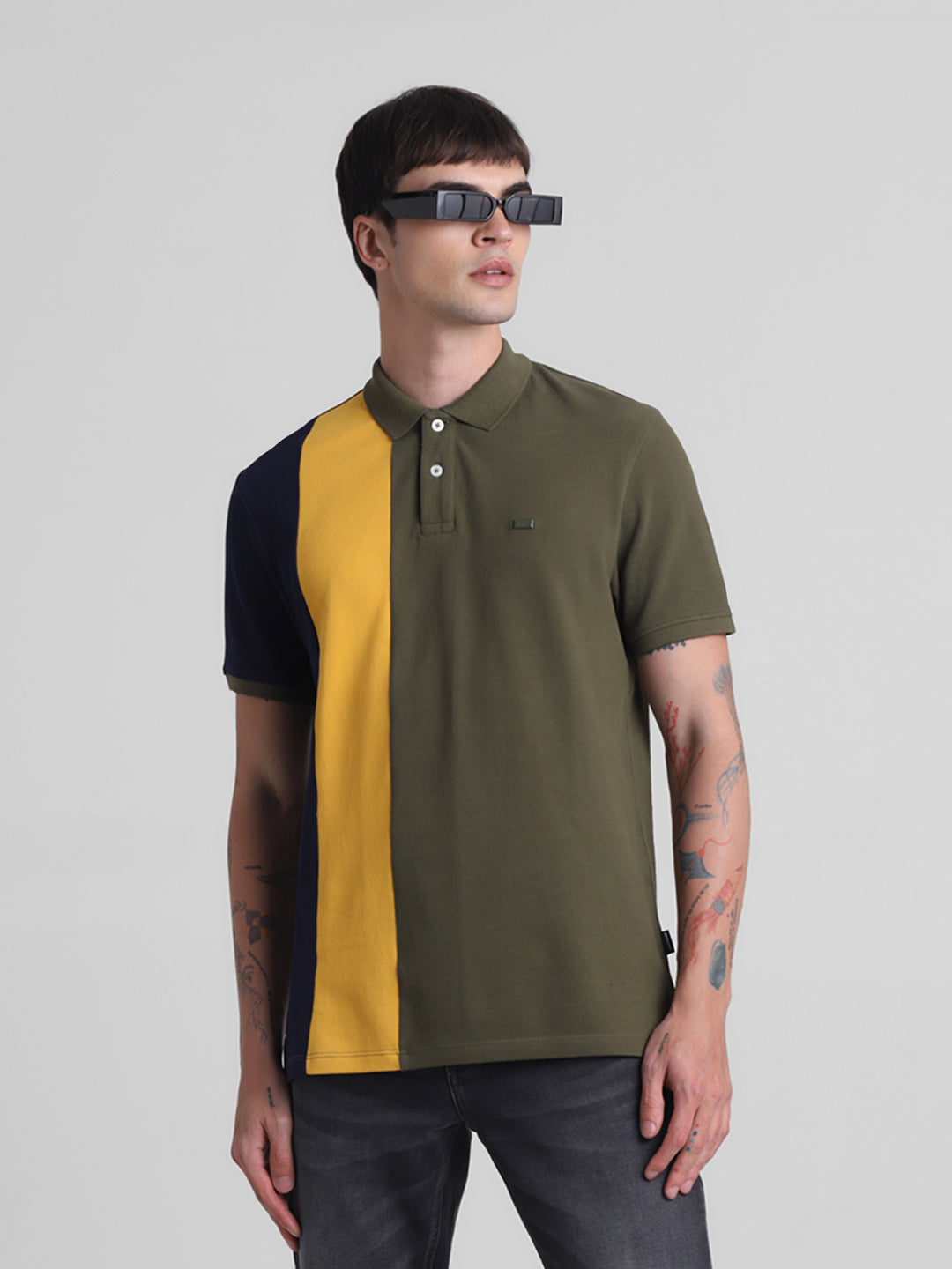 Green Colourblocked Cotton Polo - S