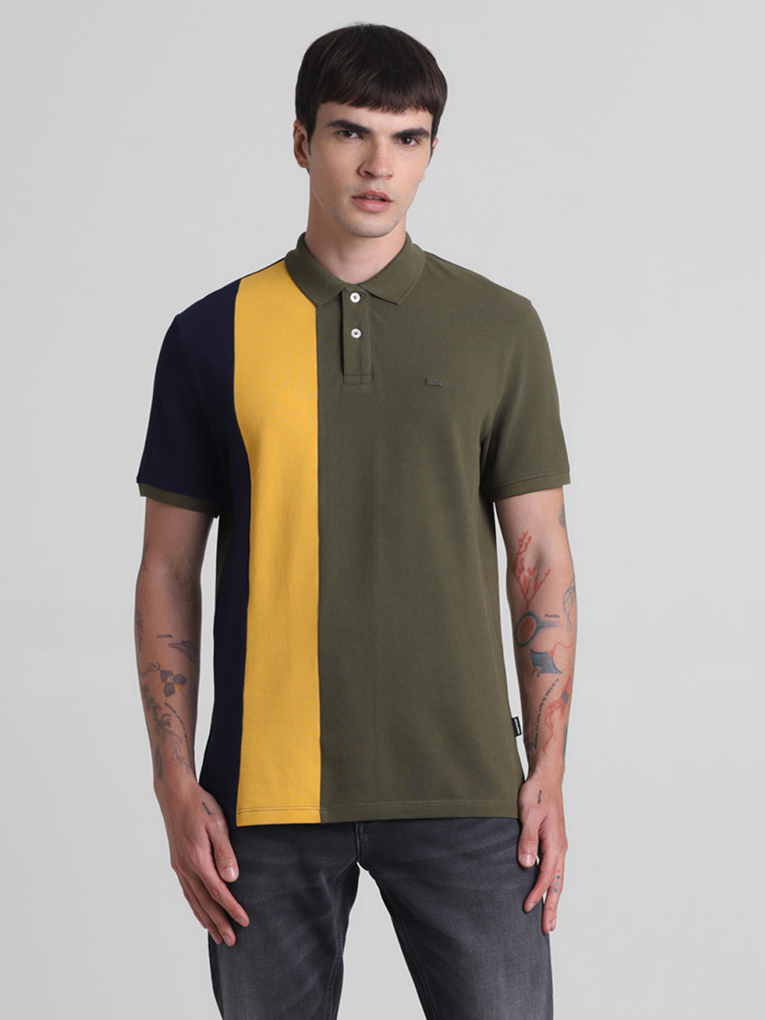 Green Colourblocked Cotton Polo