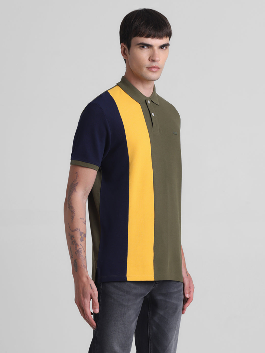 Green Colourblocked Cotton Polo