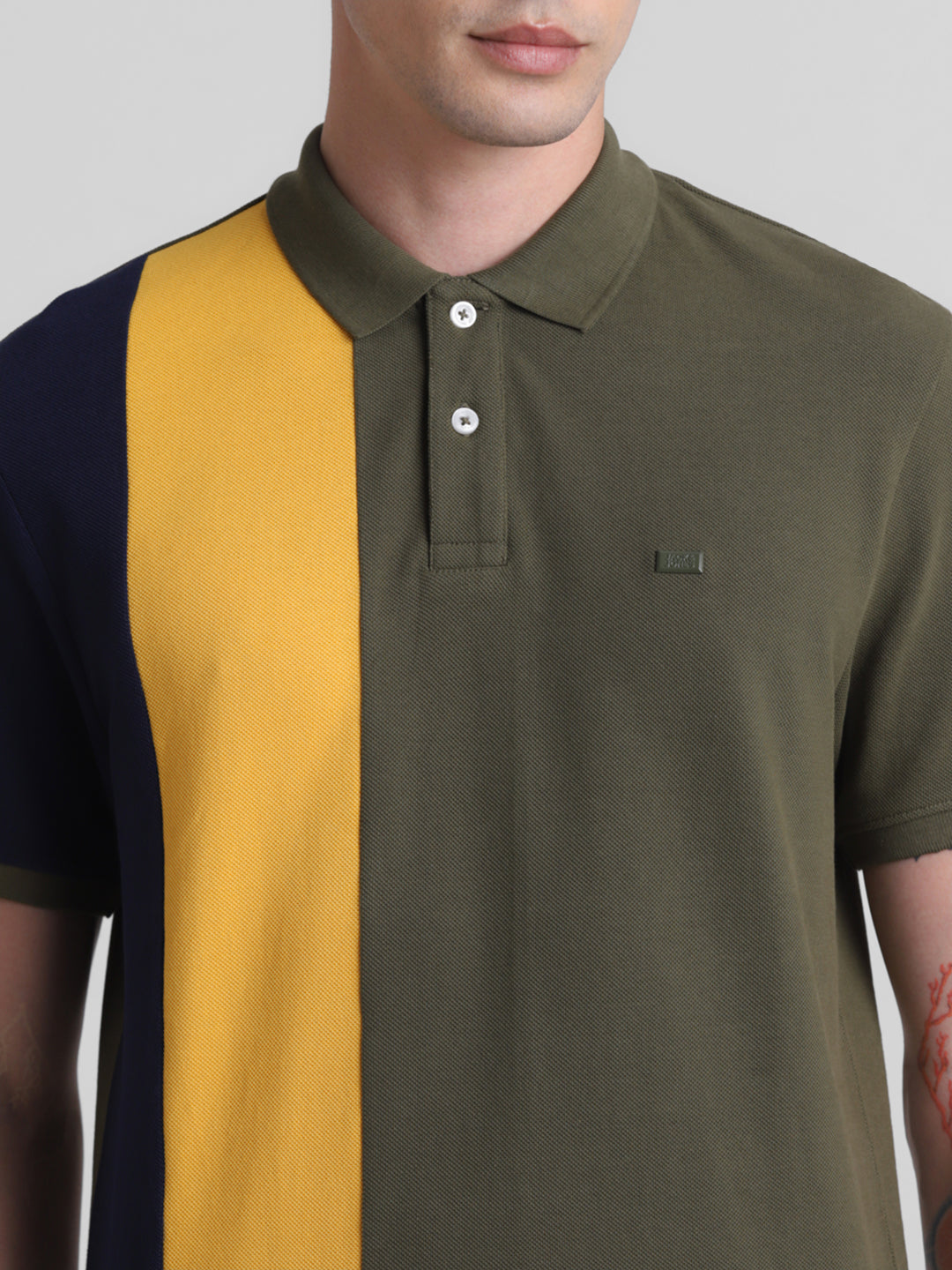 Green Colourblocked Cotton Polo