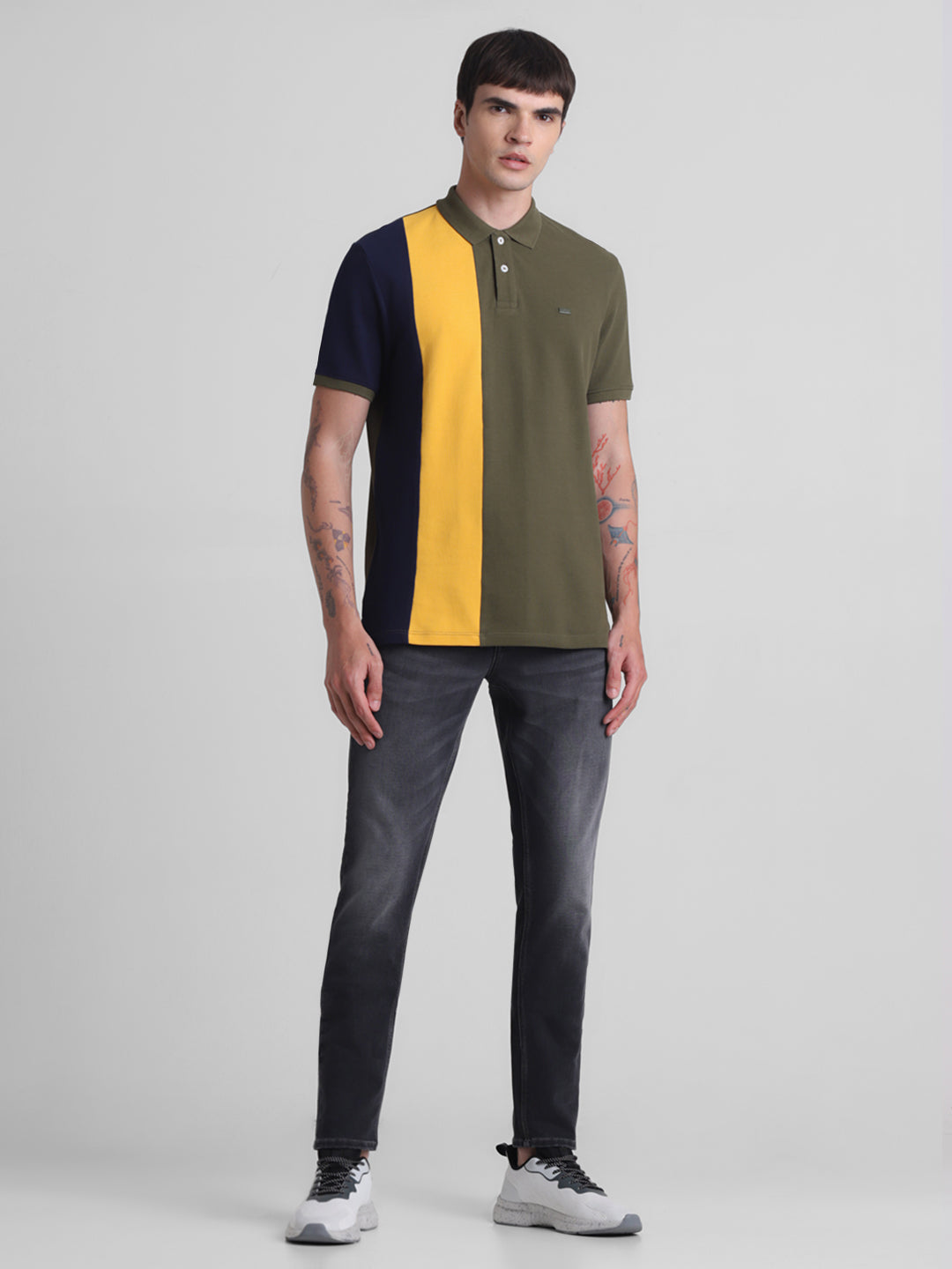 Green Colourblocked Cotton Polo