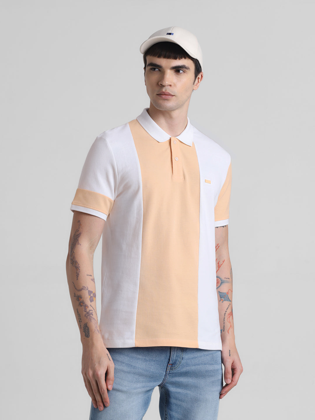White Colourblocked Cotton Polo - S